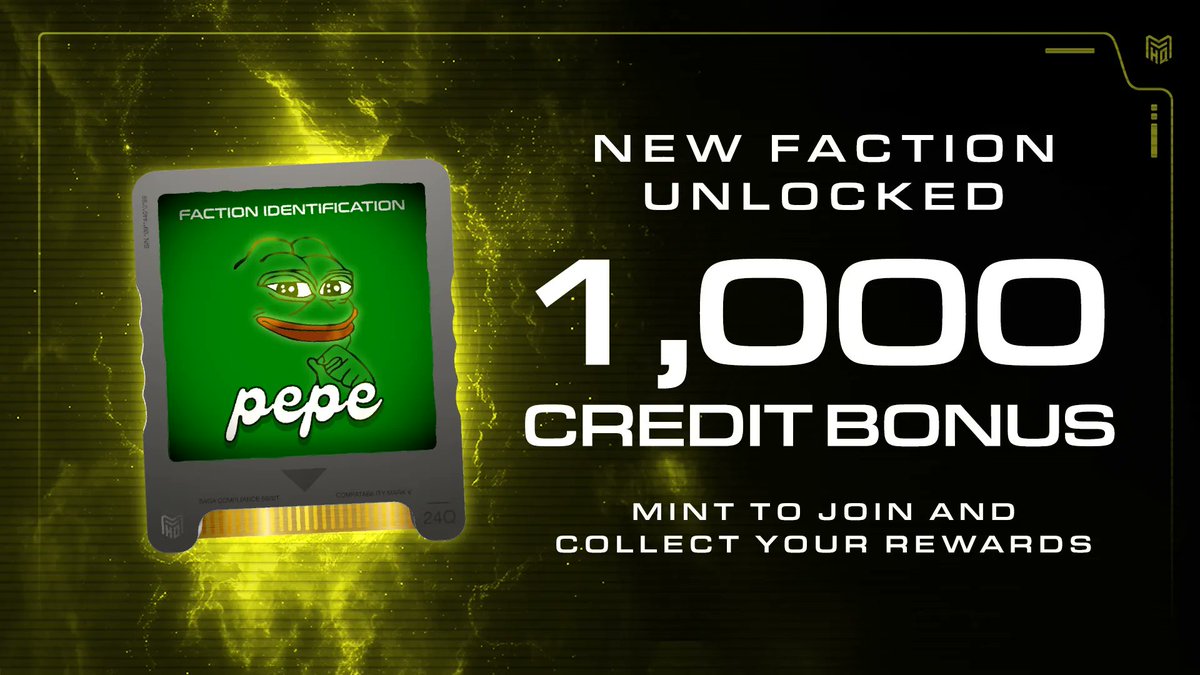 New Faction Unlocked 🔓
<a href="/pepecoineth/">Pepe</a> has joined the journey for $HQ

$PEPE holders, mint your exclusive Faction Badge and earn Bonus Credits!

app.mvhq.io/missions/pepe-…