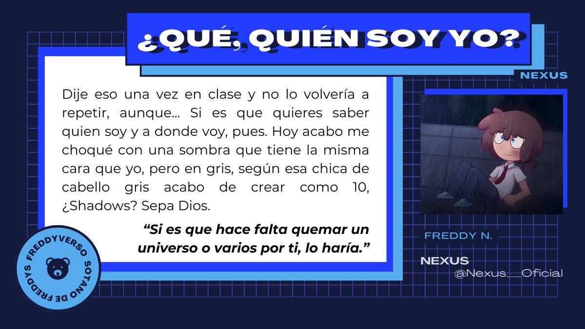 freddyverso's tweet photo. ✨PRESENTACIONES FREDDYVERSO✨
#FNAFHS #FHS #FHSAU #FNAFHSAU #ElFreddyverso #Elsotanodefreddys 

AU: #Nexus #fhsnexus 
Diseño de ficha: @nill_strokes
Arte: @jhonyzsan

Presentación #15 - Nexus https://t.co/JgPYql3OEC
