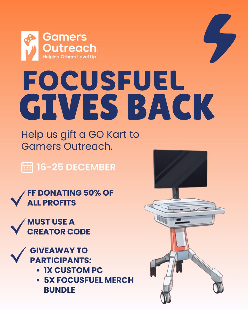 FocusFuel (@the_focusfuel) on Twitter photo 🚨From 12/16 - 12/25, every gummy counts.
We’re partnering with <a href="/GamersOutreach/">Gamers Outreach</a> to make a difference by donating 50% of our profits to provide gaming GO Karts for children in hospitals.
Just use a creator code at check out and you'll play a meaningful role in helping the 🚨From 12/16 - 12/25, every gummy counts.
We’re partnering with <a href="/GamersOutreach/">Gamers Outreach</a> to make a difference by donating 50% of our profits to provide gaming GO Karts for children in hospitals.
Just use a creator code at check out and you'll play a meaningful role in helping the