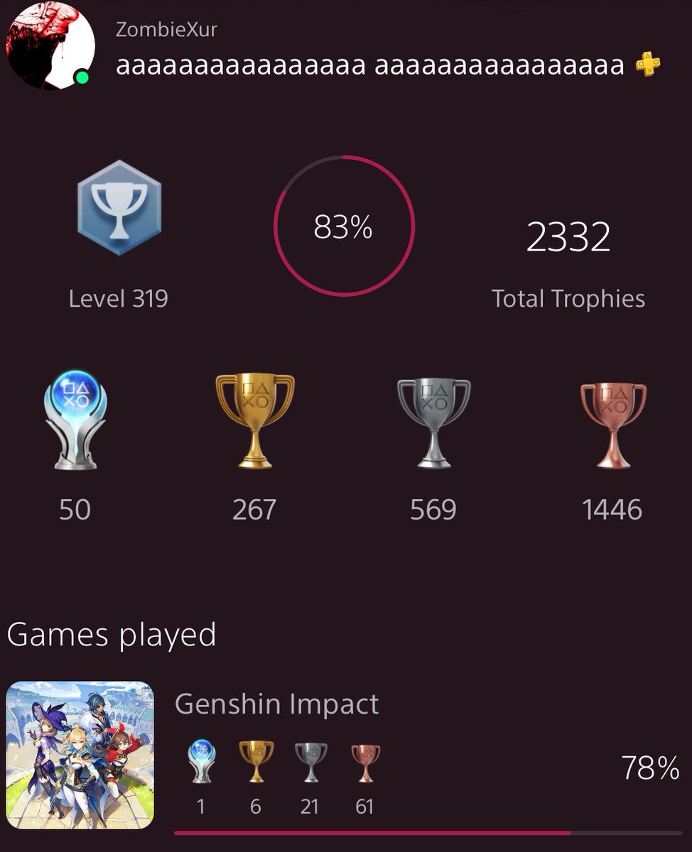 ZombieXur's tweet photo. Genshin Impact #50platinum #trophyhunter #trophiehunter #GenshinImpactPlatinum https://t.co/5xcNi8moPD