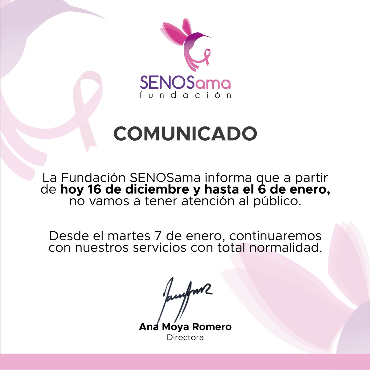 SENOSamaFund's tweet photo. 🎀 Agradecemos su colaboración y apoyo durante este año. Les deseamos unas felices fiestas llenas de alegría y momentos especiales. 🎄 Esperamos que el próximo año nos traiga nuevas oportunidades para seguir trabajando juntos. ¡Nos vemos el 2025!🎀 https://t.co/hY5HiJFcJY