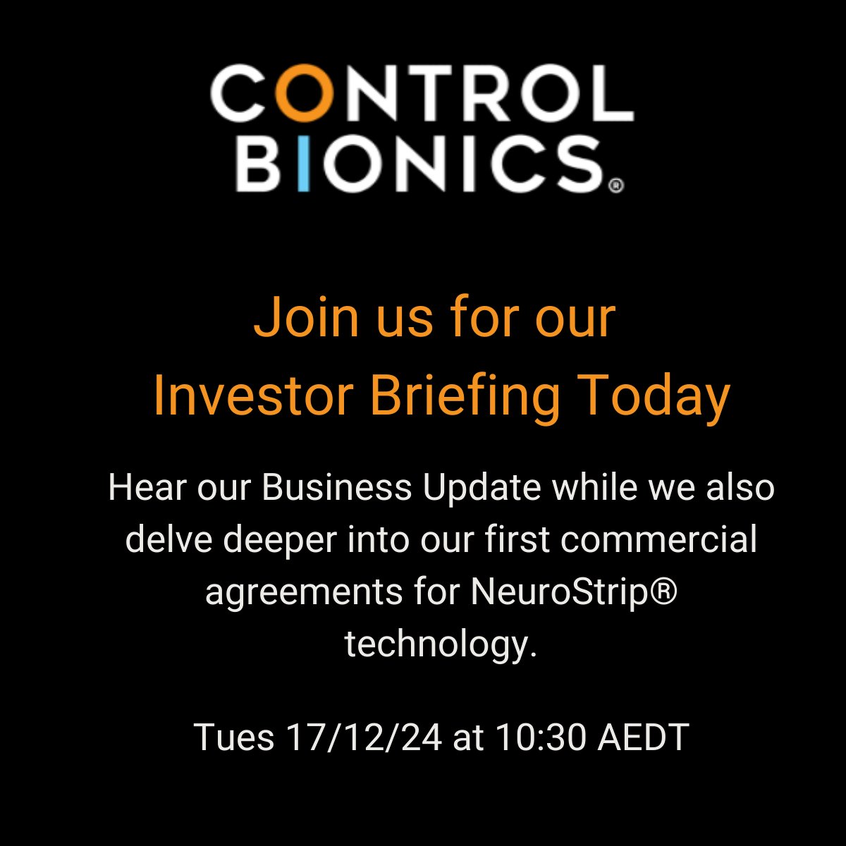 Control_Bionics's tweet image. Join us today for our Investor briefing. Register here: bit.ly/3Bts4rt