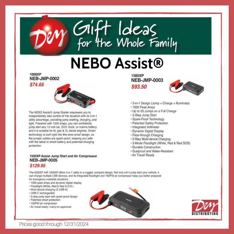 DeyParts's tweet image. 🎁 Jump into the holidays with NEBO Assist Air Jump Starters! 🚗 
Perfect for any road warrior or new driver, this compact device jump-starts your car and inflates tires on the go. Give the gift of peace of mind this season! Available at DeyParts stores or online. #CarEssentials