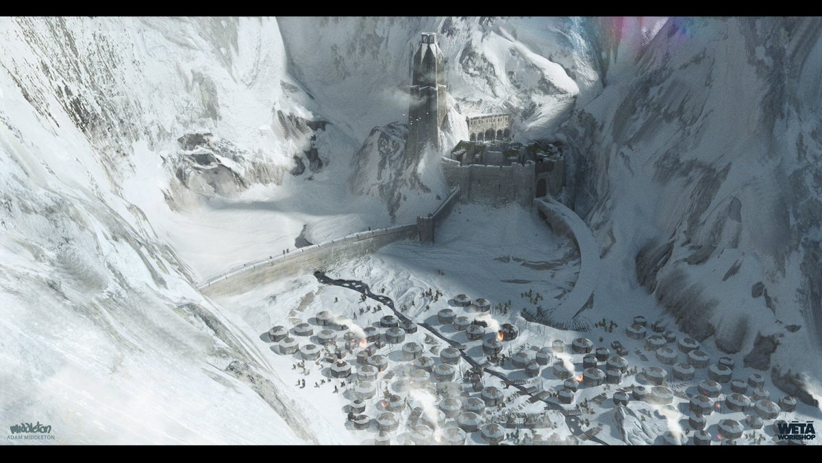 Helm’s Deep is one of my favorite film settings, so redesigning it for an earlier era was a blast. Having already created a film-accurate 3D model for my cross-section project, I used that as the foundation for my design work, and then passed it on to the production team.