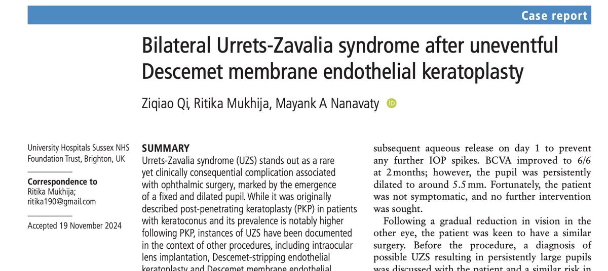 NanavatyMA's tweet photo. Some eyes are just more sensitive to surgeries. A case of bilateral Urrets-Zavalia Syndrome after routine #DMEK surgeries for #fuchsdystrophy just published. Thanks for Ziqiao Qi and @dr_ritika_eye. #cornealtransplant; #pupils; #cornea. Full text at: https://t.co/TStWRNT286. https://t.co/SeUz4UkhPW