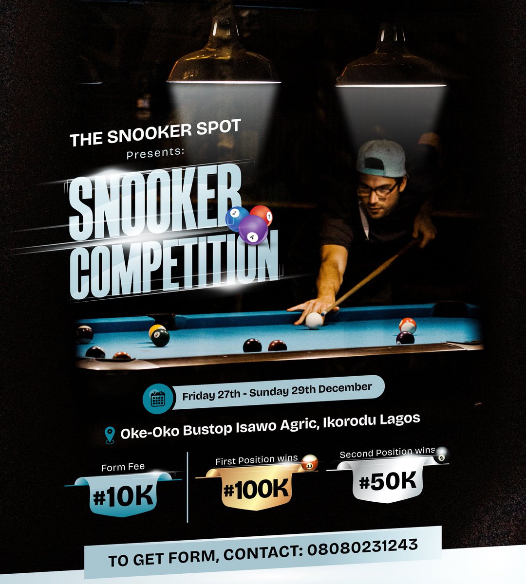 so_creates10's tweet photo. Where are the snooker gurus
Come outside and flex your muscles
#flyerdesign #SnookerChallenge #graphicdesignservices #eflyerdesign #graphicdesigner #snooker https://t.co/g43OmlU2vM