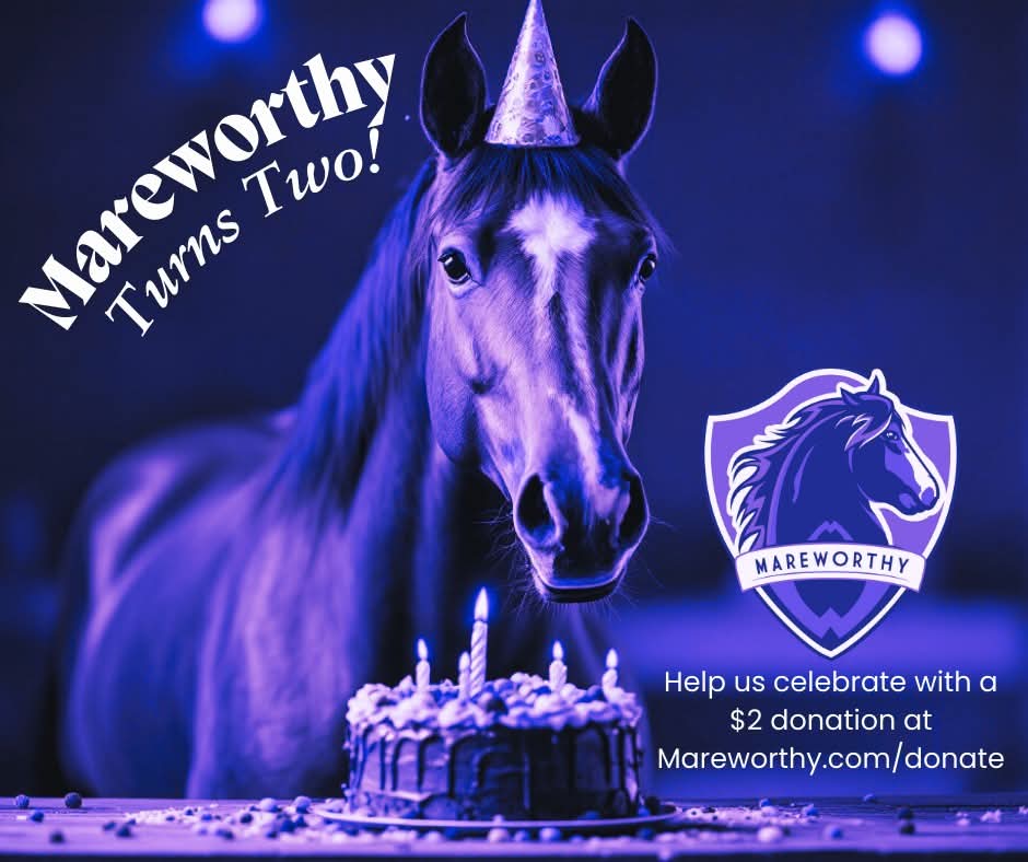 🎉 Mareworthy turns 2 today! 

In 2 years, we've already directly helped 35 retired thoroughbred broodmares

Our birthday wish? A $2 donation to help more mares! 🐴✨

Donate: mareworthy.com/donate

#MareworthyCharities #HorseRescue