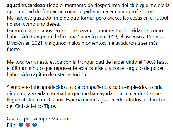 NoticiasTigre's tweet image. Agustín Cardozo se despidió de Tigre en Instagram