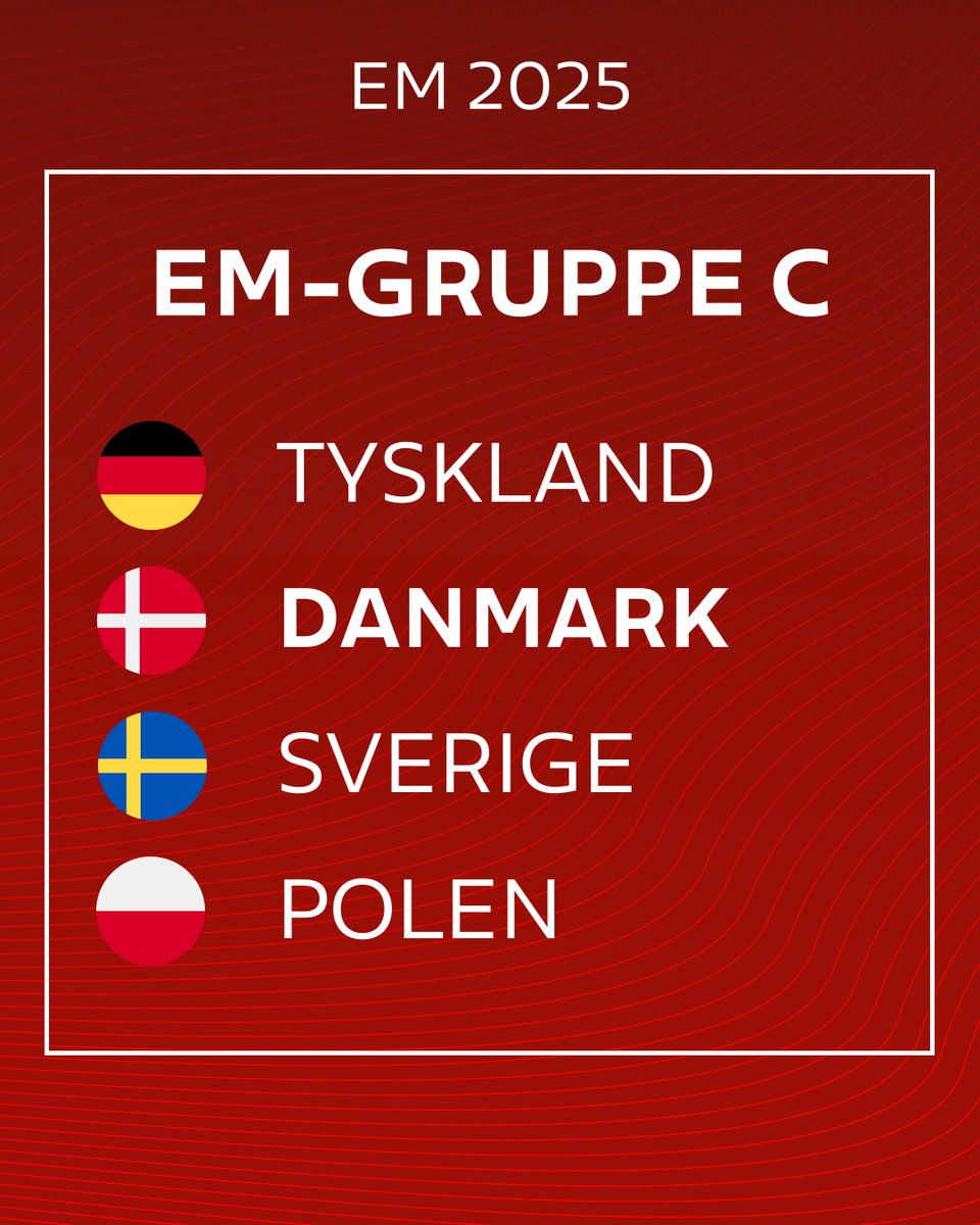 dbulandshold's tweet photo. EM-GRUPPEN 🏆

Kvindelandsholdet er blevet parret med Tyskland, Sverige og Polen i gruppe C til EM 2025.

I morgen åbner UEFA billetsalget til de danske fanafsnit til de tre puljekampe.

Vi glæder os til en rød-hvid fodboldsommer 🇩🇰

#ForDanmark #WEURO2025 https://t.co/cclxW9W8zN