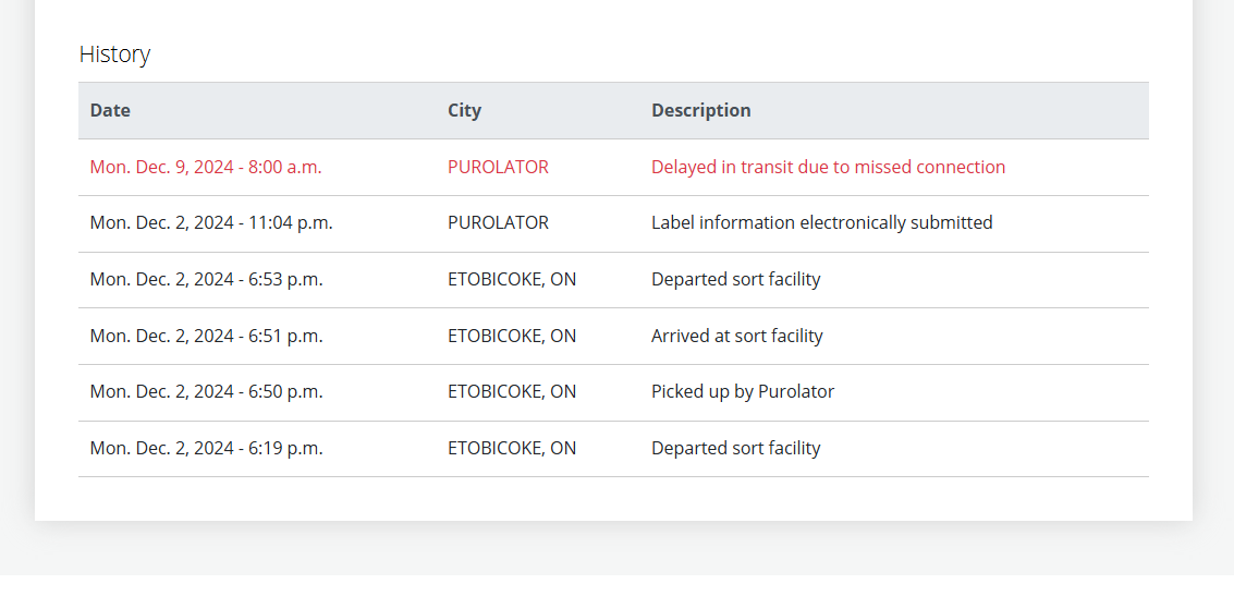 jeshar's tweet photo. @PurolatorInc please help! NO UPDATE on my delivery since Dec 9 (estimated delivery was Dec 9!). What is the update on this shipment? https://t.co/YCMUSyxZQO