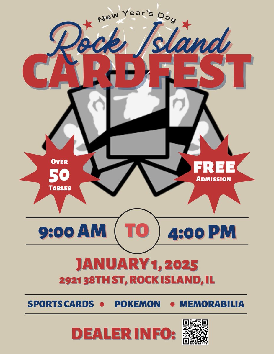 PWWCards's tweet photo. Kick off New Year’s Day with the Rock Island Cardfest!

This new show in the Quad Cities will be a great opportunity to buy, sell, trade, as well as meet some great people in the hobby! 

Limited tables available for vendors. #cardshow #thehobby https://t.co/uim9c4ehkU