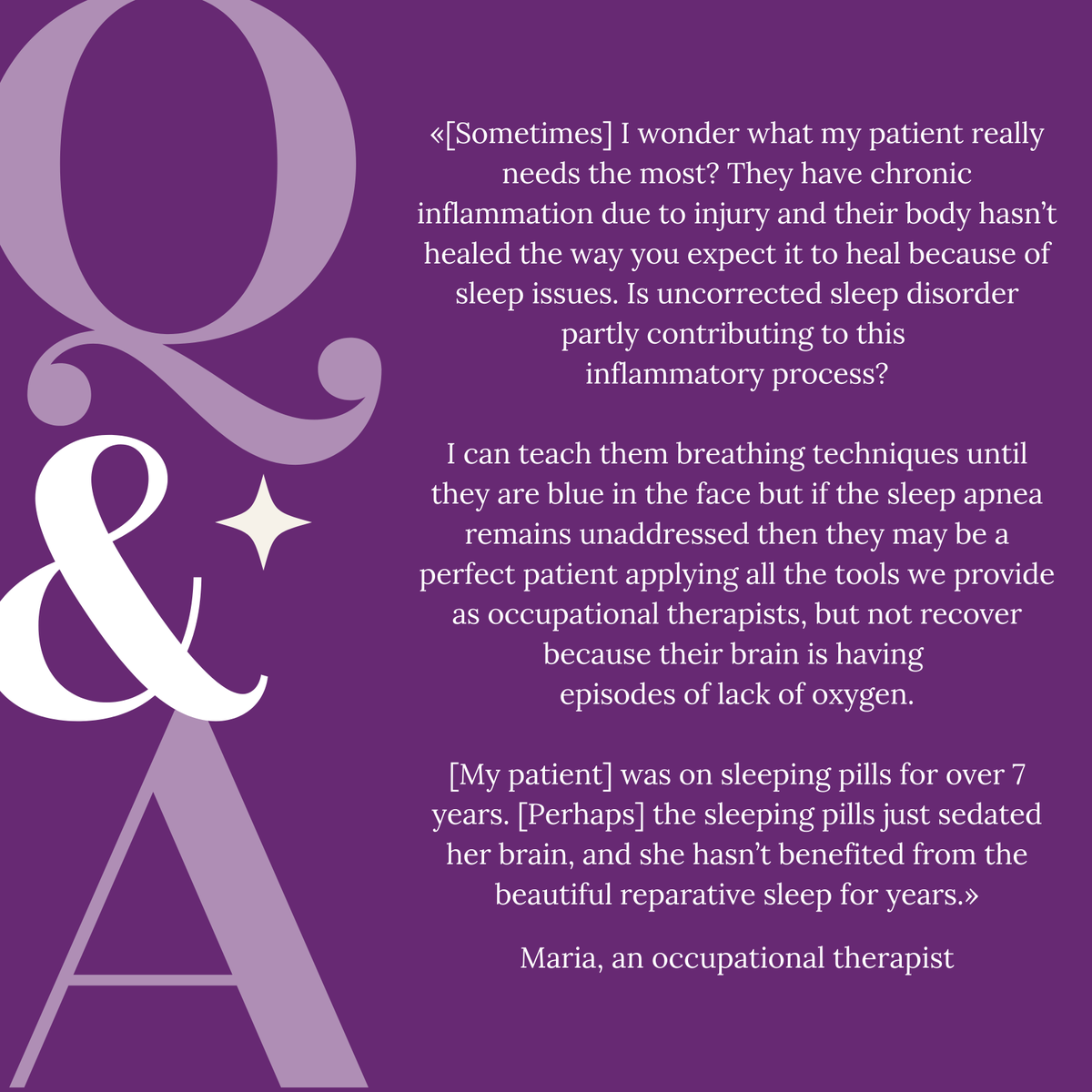 Maria, an occupational therapist, shared the alarming prevalence of sleep issues among her patients. 

css-scs.ca/share-your-sle…

<a href="/mcgillu/">McGill University</a> 
<a href="/TheNeuro_MNI/">The Neuro</a> 
<a href="/canadiansleep/">Canadian Sleep Research Consortium</a> 
<a href="/ReseauSommeilQC/">ReseauSommeilQc</a>