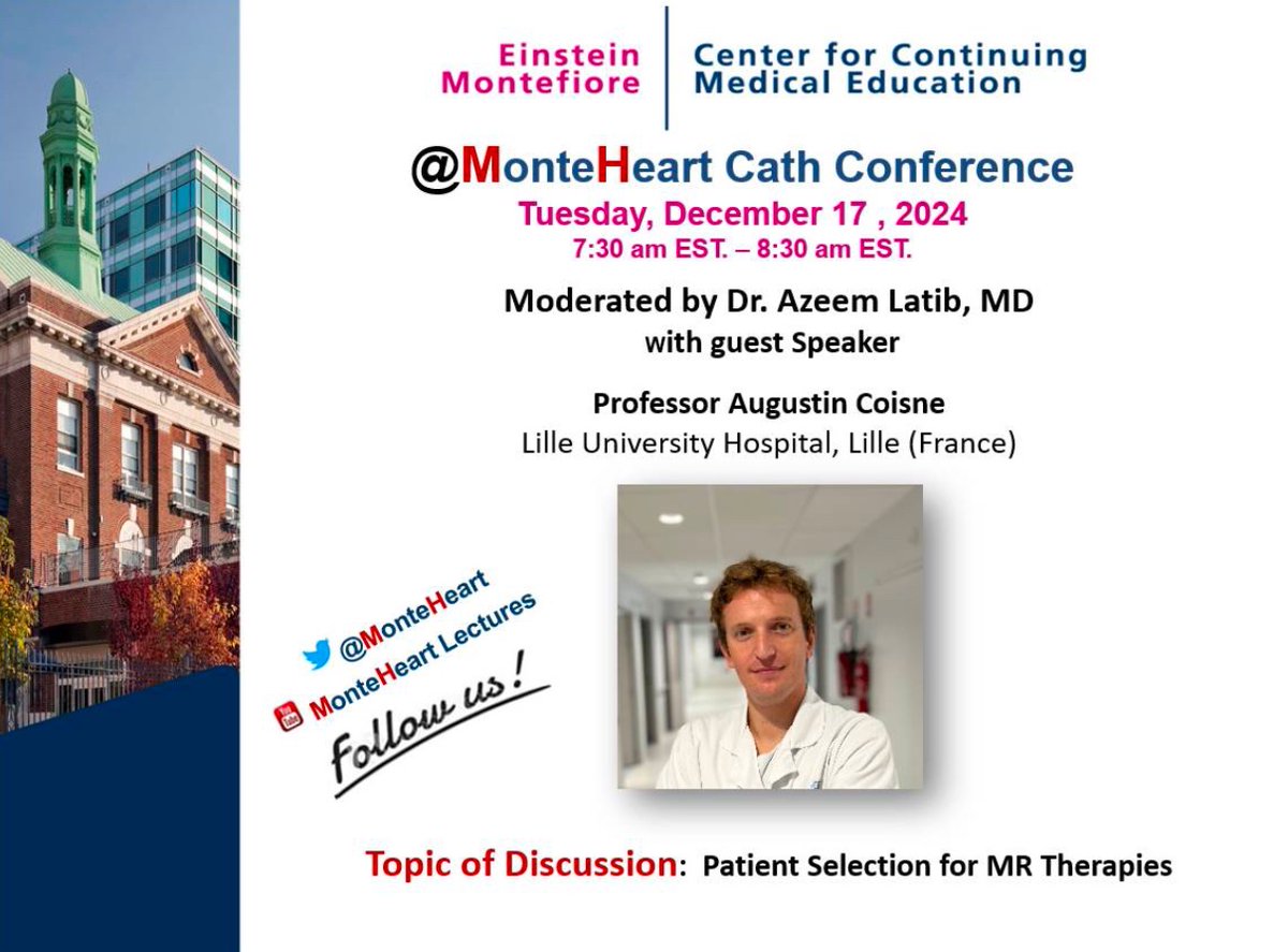 Montefiore Heart (@monteheart) on Twitter photo Join us tomorrow morning at 7:30 AM EST for Cath Conference with <a href="/AugustinCoisne/">Augustin Coisne</a>!
Topic of Discussion: Patient selection for MR therapies
🔗 einsteinmed.zoom.us/j/94285430659
<a href="/azeemlatib/">Azeem Latib</a> <a href="/AndreaScotti21/">Andrea Scotti</a> Join us tomorrow morning at 7:30 AM EST for Cath Conference with <a href="/AugustinCoisne/">Augustin Coisne</a>!
Topic of Discussion: Patient selection for MR therapies
🔗 einsteinmed.zoom.us/j/94285430659
<a href="/azeemlatib/">Azeem Latib</a> <a href="/AndreaScotti21/">Andrea Scotti</a>