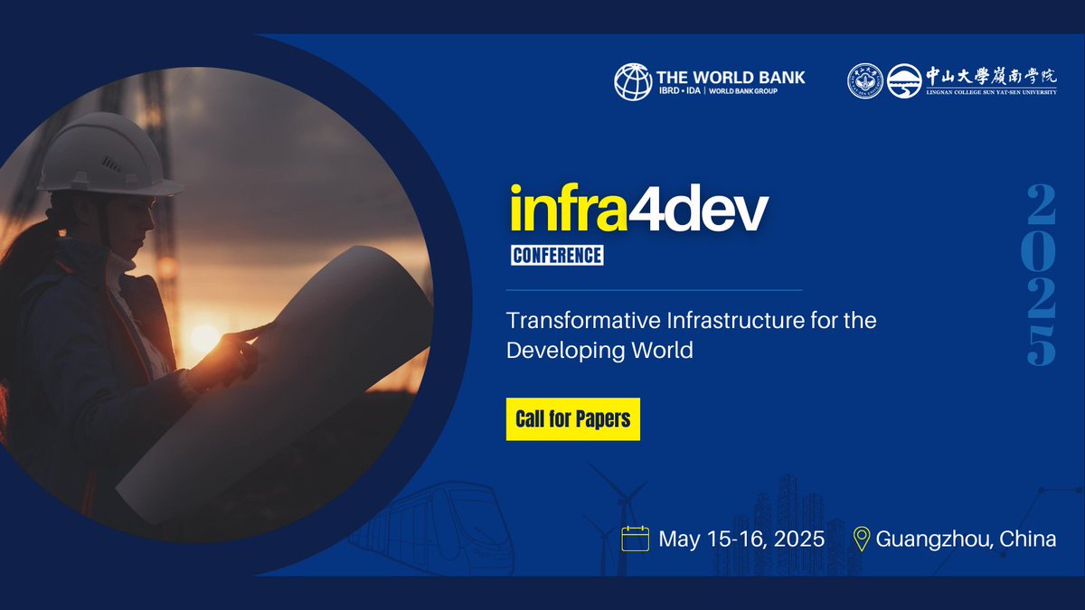 WBG_Energy's tweet photo. 💡 CALL FOR PAPERS
How can infrastructure transform the developing world? 🌍 Share your insights on themes like low-carbon transportation, digital advancements, and climate resilience at #Infra4Dev 2025.
🗓️ Submit by: December 31, 2024
🔗 Learn more: https://t.co/IQcuoJPCTF https://t.co/OvEC37RFTj