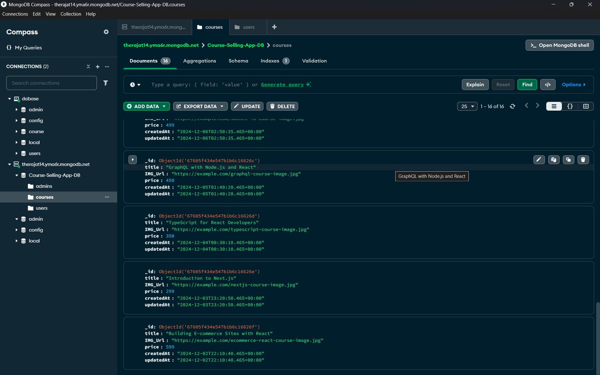 RajatCode14's tweet image. 🚀 Day 11 of my full-stack journey! Wrote logic for routes, stored courses in the database, created an admin, and authenticated users/admins via headers. Tomorrow, I’ll implement JWT authentication! 💻🔐 #100DaysOfCode #MERN #WebDev #LearnInPublic #JWT #100XDevs