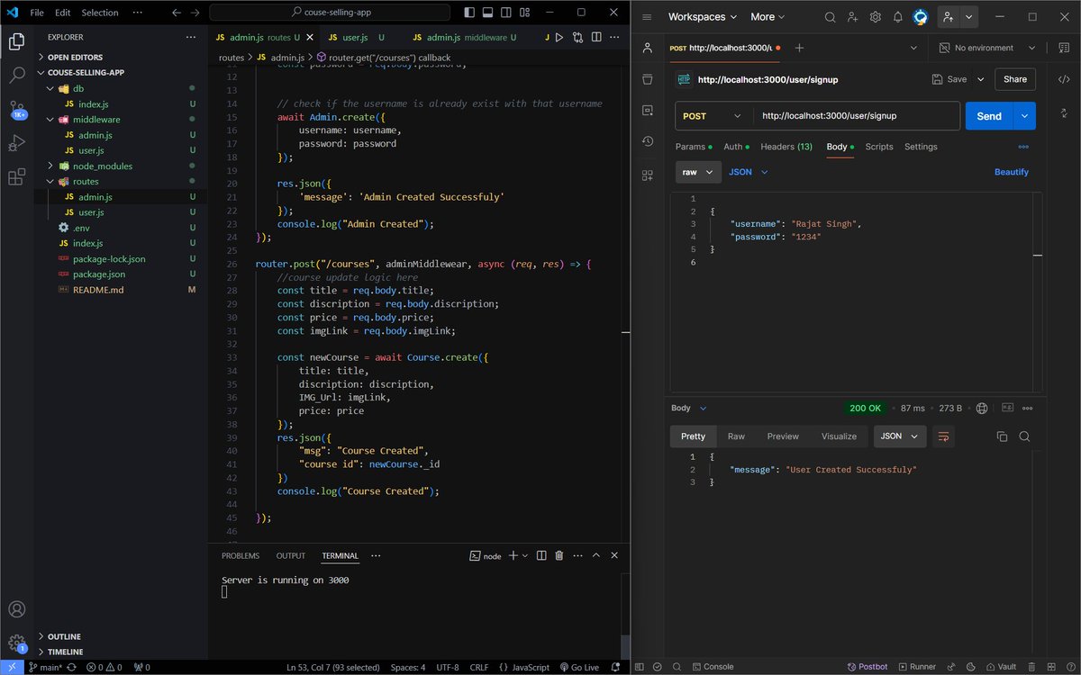 RajatCode14's tweet image. 🚀 Day 11 of my full-stack journey! Wrote logic for routes, stored courses in the database, created an admin, and authenticated users/admins via headers. Tomorrow, I’ll implement JWT authentication! 💻🔐 #100DaysOfCode #MERN #WebDev #LearnInPublic #JWT #100XDevs