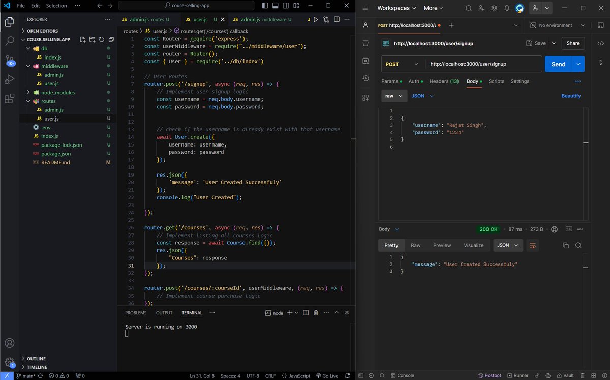 RajatCode14's tweet image. 🚀 Day 11 of my full-stack journey! Wrote logic for routes, stored courses in the database, created an admin, and authenticated users/admins via headers. Tomorrow, I’ll implement JWT authentication! 💻🔐 #100DaysOfCode #MERN #WebDev #LearnInPublic #JWT #100XDevs