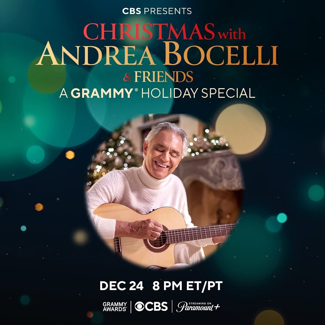 Andrea Bocelli (@andreabocelli) on Twitter photo Andrea Bocelli is coming home for Christmas! 
This holiday season, enjoy the magic of the legendary artist’s music and his impact in GRAMMY history through ‘Christmas with Andrea Bocelli and Friends,’ coming to you on Tuesday, December 24 at 8 PM ET/PT on <a href="/CBS/">CBS</a> Andrea Bocelli is coming home for Christmas! 
This holiday season, enjoy the magic of the legendary artist’s music and his impact in GRAMMY history through ‘Christmas with Andrea Bocelli and Friends,’ coming to you on Tuesday, December 24 at 8 PM ET/PT on <a href="/CBS/">CBS</a>