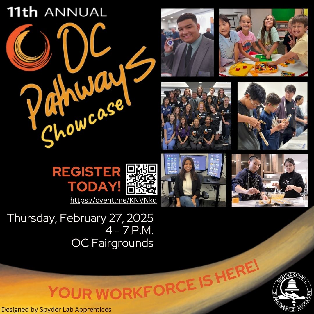 PathwaysOc's tweet photo. ✨ Join the 11th OC Pathways Showcase! ✨

📅 Feb 27, 2025 | ⏰ 4–7 PM
📍 OC Fairgrounds | FREE!
Meet tomorrow’s workforce, explore careers, and connect with industry leaders.
🔗 Register now, link in bio!
#OCPathways #CTEinOC #OCPathwaysShowcase https://t.co/cS1wwf6B4K