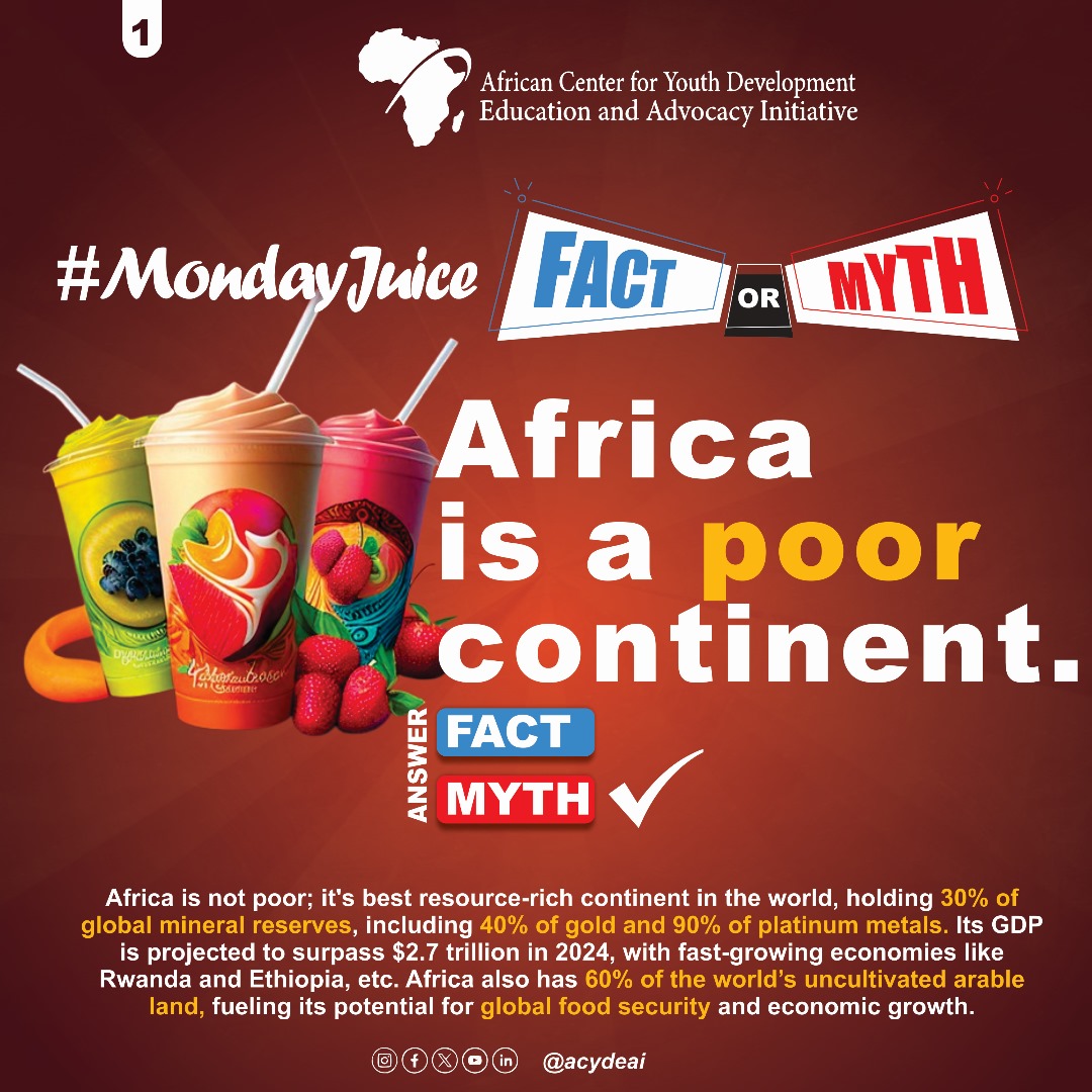 acydeai's tweet photo. 🌍 Think you know Africa? 🌍
Is Africa truly poor? Is it the most dangerous continent? Did religion really start here? And what about its immense natural resources fueling the world? 🤔
#MondayJuice
#FactsVsMyths
@AfDB_Group @_AfricanUnion @ahmedmogola @BongekileFilana https://t.co/RPLfzjvgZ7