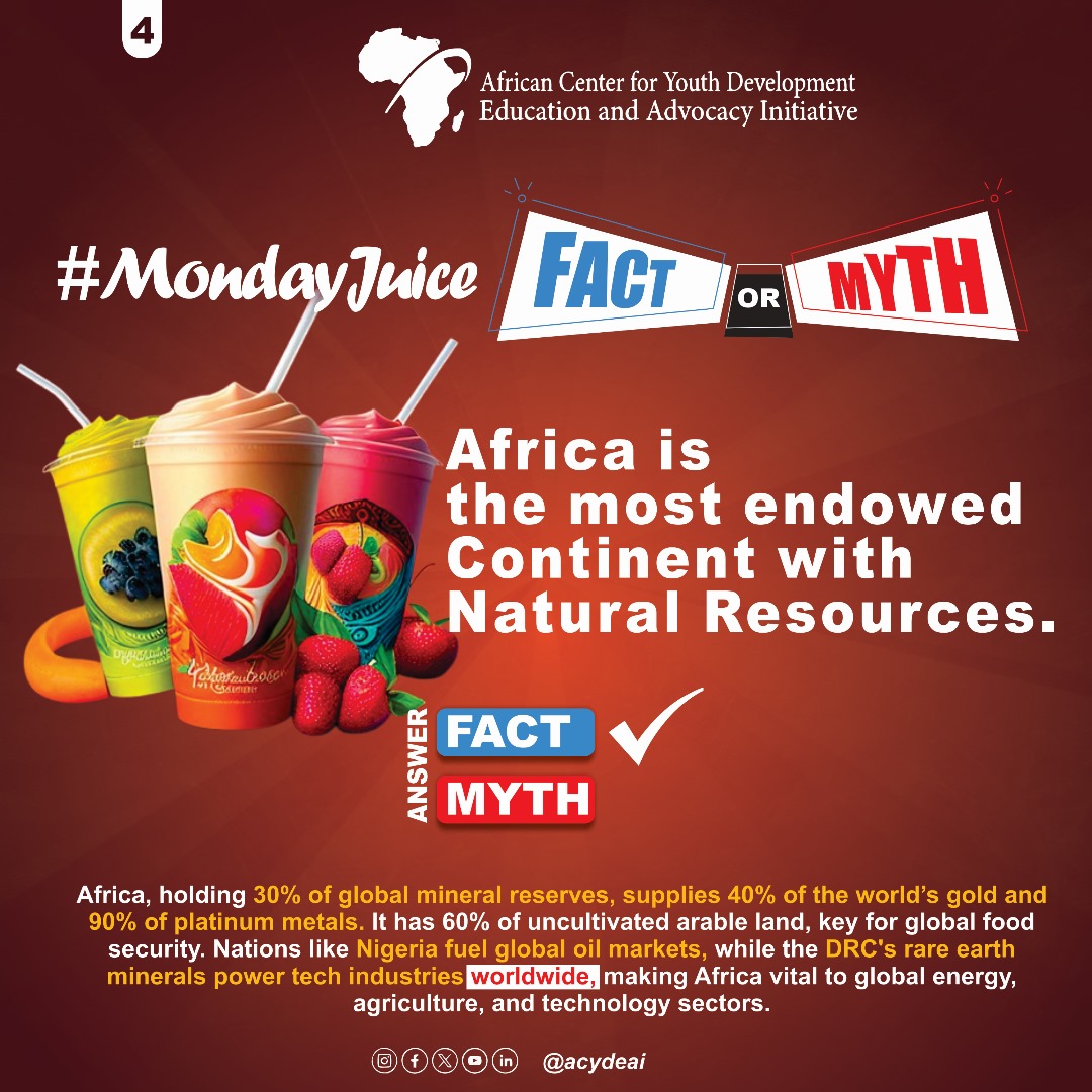 acydeai's tweet photo. 🌍 Think you know Africa? 🌍
Is Africa truly poor? Is it the most dangerous continent? Did religion really start here? And what about its immense natural resources fueling the world? 🤔
#MondayJuice
#FactsVsMyths
@AfDB_Group @_AfricanUnion @ahmedmogola @BongekileFilana https://t.co/RPLfzjvgZ7