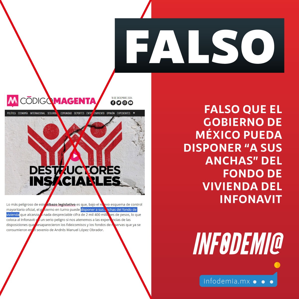 infodemiaMex's tweet photo. ❌Falso que el Gobierno de México pueda disponer “a sus anchas” del Fondo de Vivienda del Infonavit

✅La reforma a la Ley del #Infonavit establece que la autorización para el uso de los recursos del Fondo Nacional de la Vivienda para financiar proyectos relacionados con la construcción de vivienda social será aprobada por el #ConsejoDeAdministración, el cual está compuesto de manera tripartita por representantes del Gobierno de México, de los trabajadores y de los empleadores