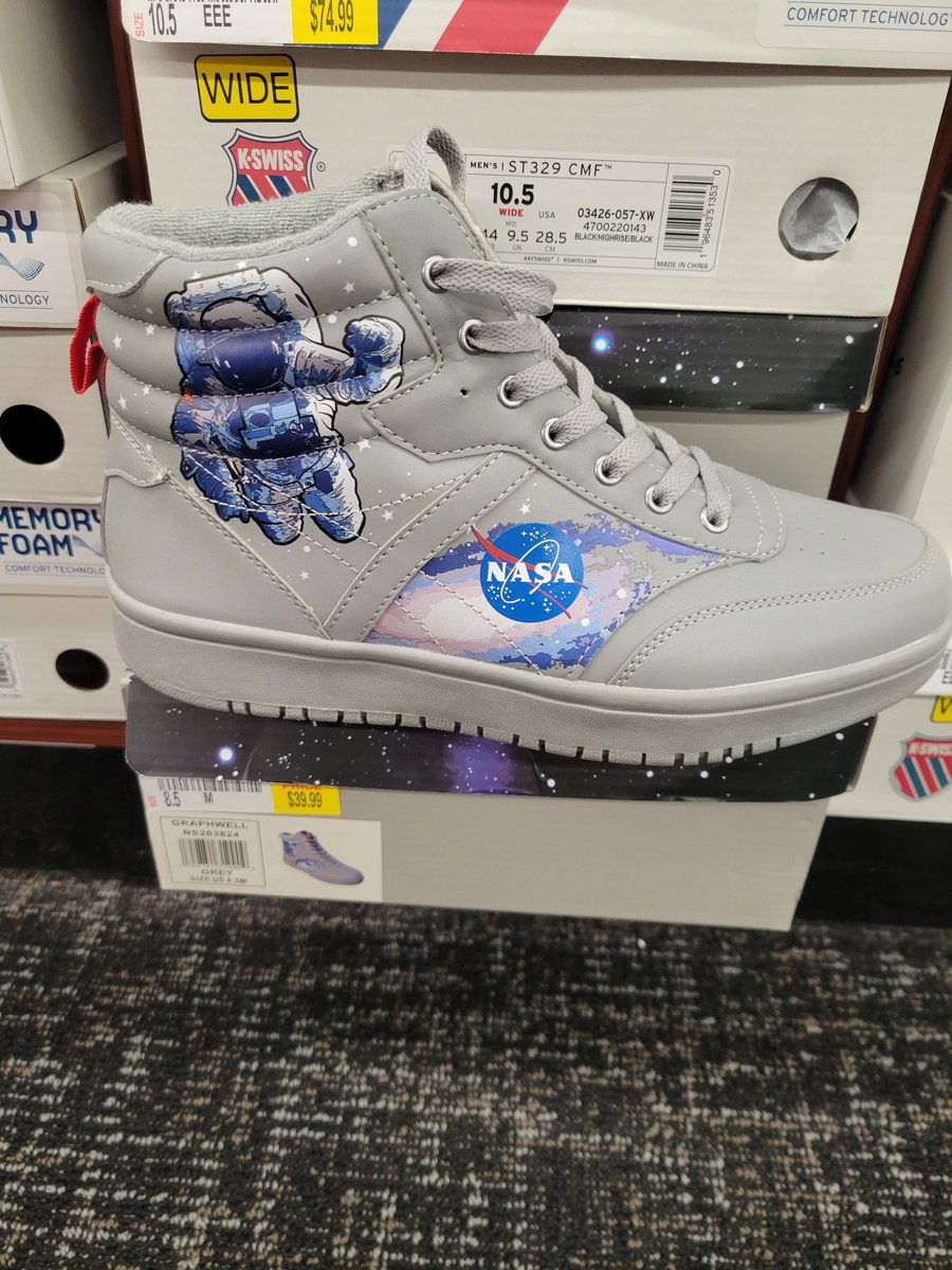 BreeSwanFluff's tweet photo. @NASA I work in a huge Shoe Store Shoe Dept. Encore &amp; we sell Men's Nasa Shoes but we get comments all the time from Women &amp; Children who are sad to find none in sizes for us. I mean you have Women Astronauts &amp; future Astronauts wanting to Rep You, Can we maybe get some too?! https://t.co/s52ZsqsudW