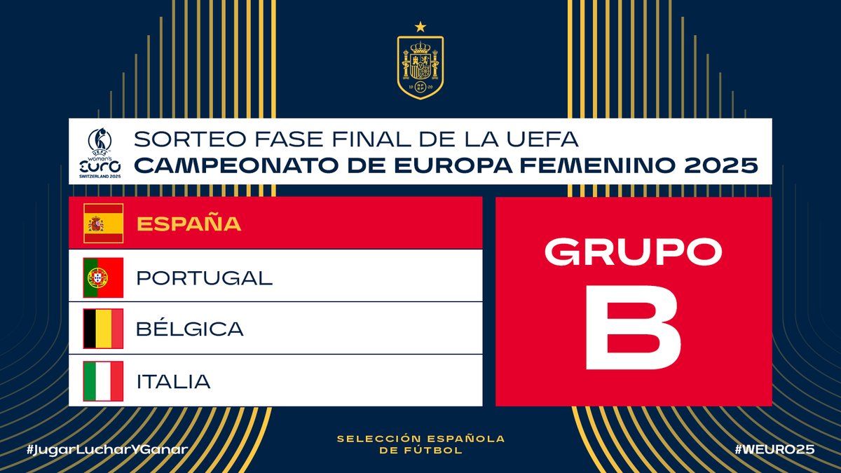 🙌 ¡YA LO TENEMOS! 🙌

¡𝗘𝘀𝘁𝗲 𝘀𝗲𝗿𝗮́ 𝗲𝗹 𝗴𝗿𝘂𝗽𝗼 𝗱𝗲 𝗹𝗮 @sefutbolfem 𝗲𝗻 𝗹𝗮 #WEURO2025!

🏆 Del 2 al 27 de julio.

#JugarLucharYGanar
