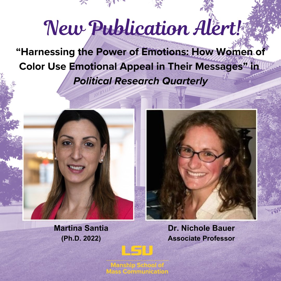 🎉Congratulations to doctoral alum Dr. Martina Santia, Dr. Nichole Bauer and their co-author Sylvia Gonzalez on their latest publication in Political Research Quarterly! #ScholarshipFirst #Research #GeauxManship 🎓
journals.sagepub.com/eprint/7BZTMCM…