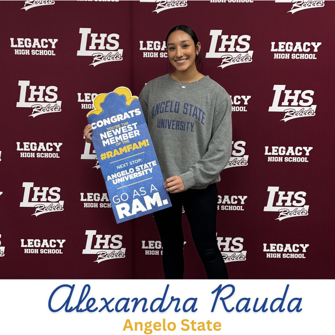 Rebs_Counselors's tweet photo. โจWhatโs your Eโฆ Enroll, Enlist, Employ?โจ
Congratulations to Alexandra Rauda for being accepted into @AngeloState! Alexandra plans to go into the Health Science field. Legacy High is proud of you & wishes you the best for your future at ASU.
#WhatsYourE #FutureRam https://t.co/3oSTQ6ewIz