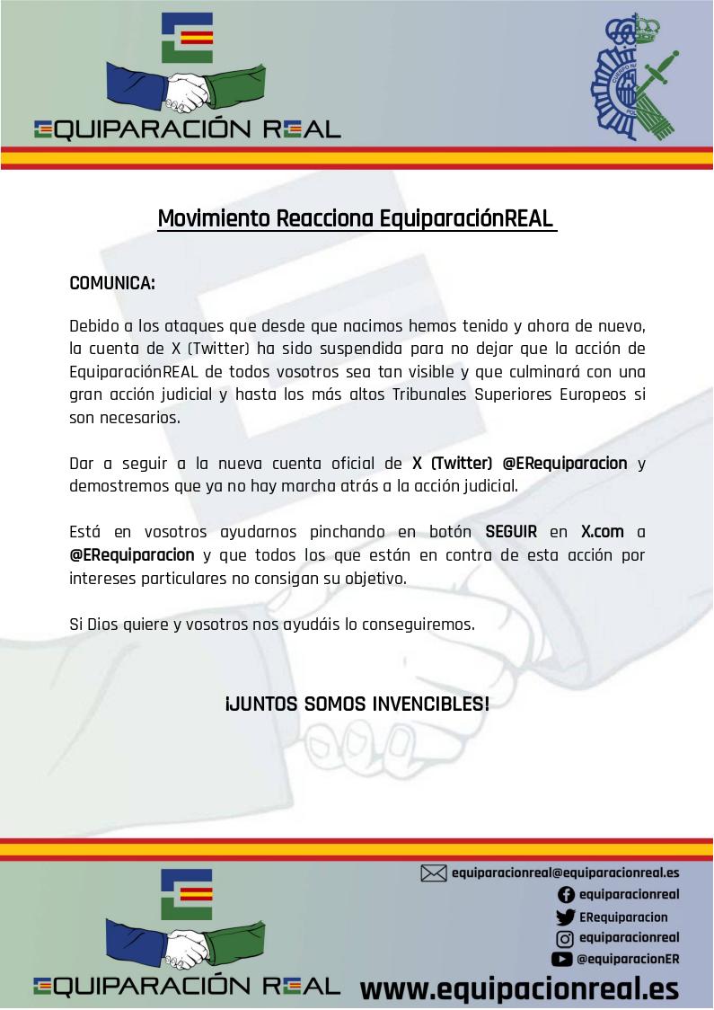 ERequiparacion's tweet photo. Movimiento Reacciona EquiparaciónREAL👮‍♀️👮‍♂️🚔🟩🟦

ℹ️ 𝗖𝗢𝗠𝗨𝗡𝗜𝗖𝗔:  

🔊🚨👉 📄

Y os dejamos la nueva cuenta de 𝗫 (Twitter) de Movimiento Reacciona EquiparaciónREAL  

@ERequiparacion 

Para que le deis a botón 
𝗦𝗘𝗚𝗨𝗜𝗥 ✅ https://t.co/HzC21r12Au