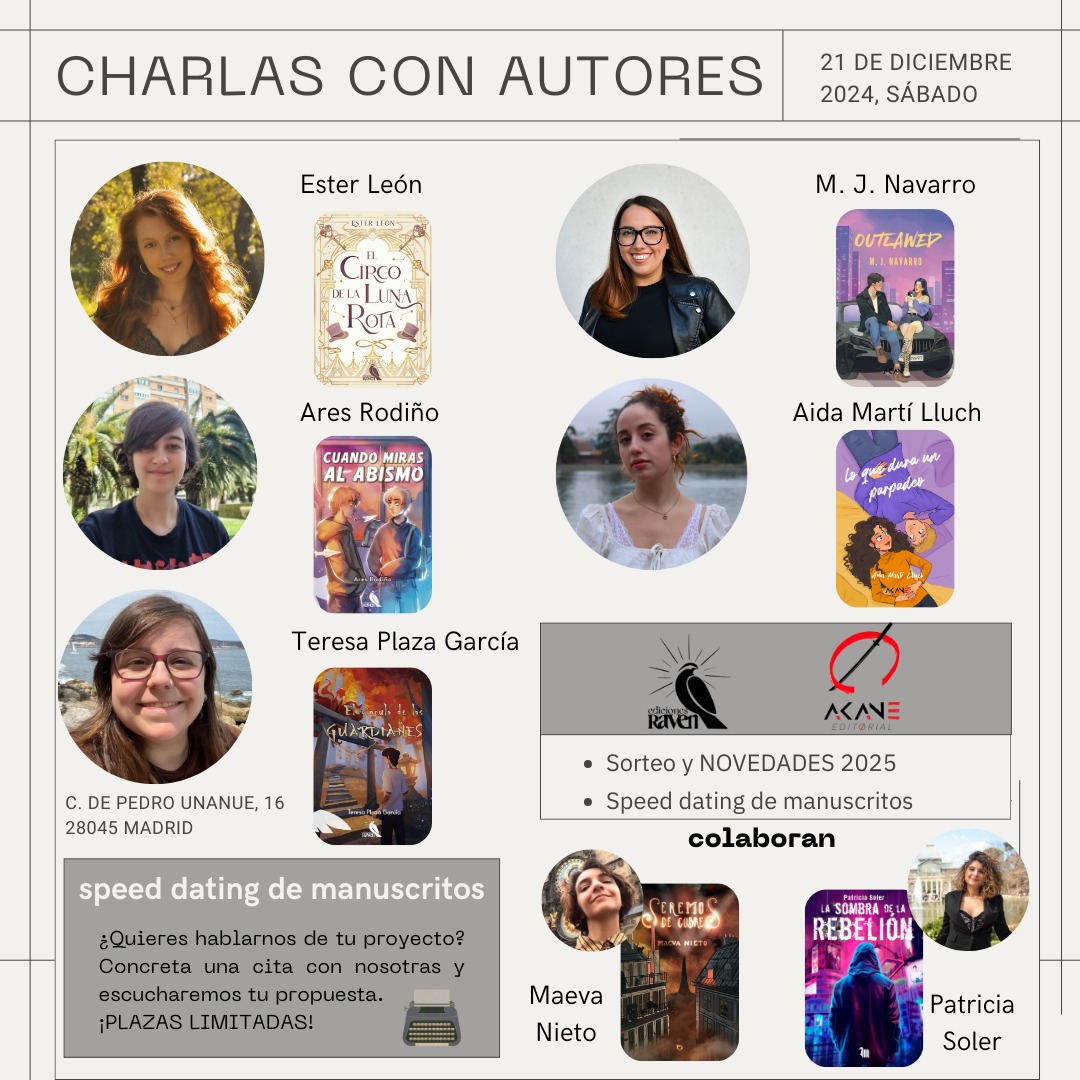 ediciones_raven's tweet photo. Os invitamos este sábado 21 de diciembre a las 16:00 a escuchar las charlas y presentaciones de nuestres autores.
Hablaremos de la construcción de personajes, fanfics, el proceso editorial desde dentro y libros spicy.
Podréis adquirir todos los libros allí 🐦
Nos vemos allí ❤️ https://t.co/bIlMdGKxVI