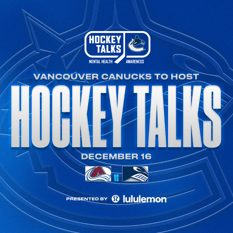 Canucks's tweet photo. The #Canucks are proud to host the 13th annual Hockey Talks Night, presented by @lululemon, tonight versus the Avalanche.

This night honours the legacy of former Canucks player Rick Rypien and supports those facing mental health challenges.

DETAILS | https://t.co/8UnzrAD4b2
