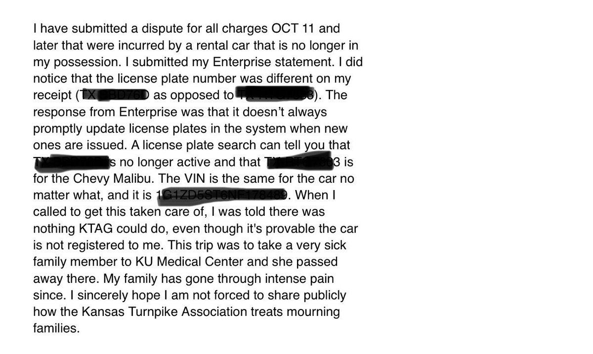 ayvonnecato's tweet photo. @KansasTurnpike I’m disputing charges and hoping your customer service improves. Can’t believe it’s this hard to get incorrect charges off an acct from a rental car that’s proven to not be in my possession! Especially when @enterprisecares is the owner and has a record of rentals https://t.co/PUxehTSCop