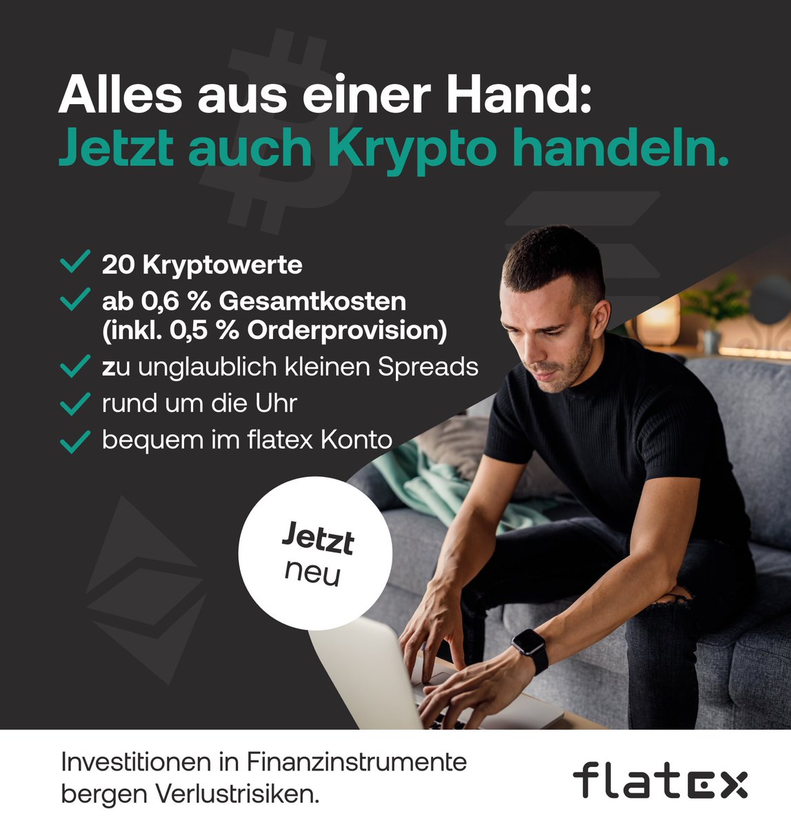 flatex's tweet photo. Wir freuen uns, dass Sie bei flatex in Deutschland nun rund um die Uhr mit 20 verschiedenen Kryptowerten handeln können.

Alle Infos: https://t.co/ChkyGcA5Mp

#flatex #krypto #kryptowerte #kryptowährungen #bitcoin #ethereum #solana #ripple https://t.co/lmYeR9e880
