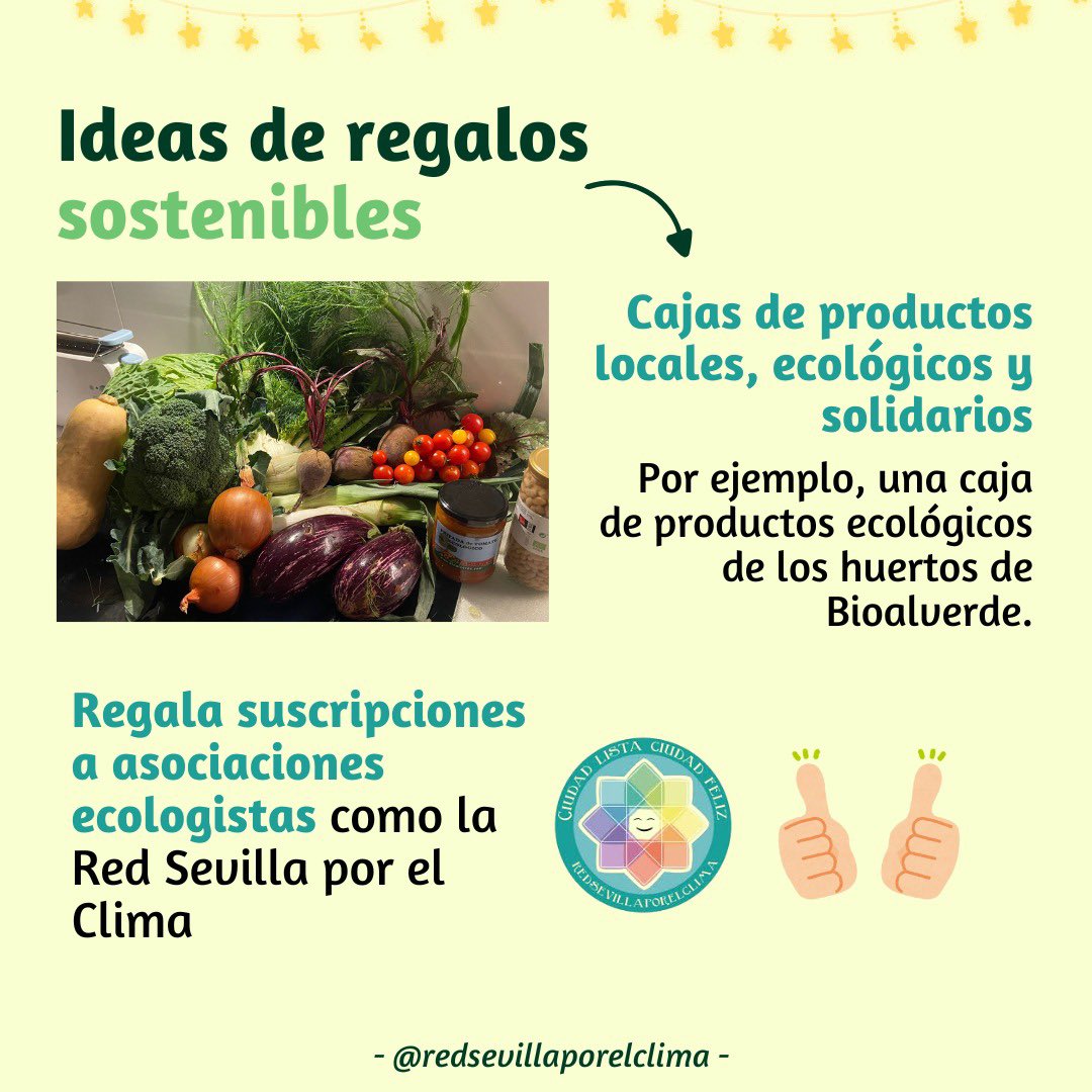 👋🏼🎄¿No sabes qué regalar estas Navidades?🎁 

👉🏻¡Un regalo sostenible es un regalo para el #planeta!🌏  Desde la Red de Sevilla por el Clima te dejamos algunas ideas☺️

#MedioAmbiente #Navidad #sostenible #SevillaHoy