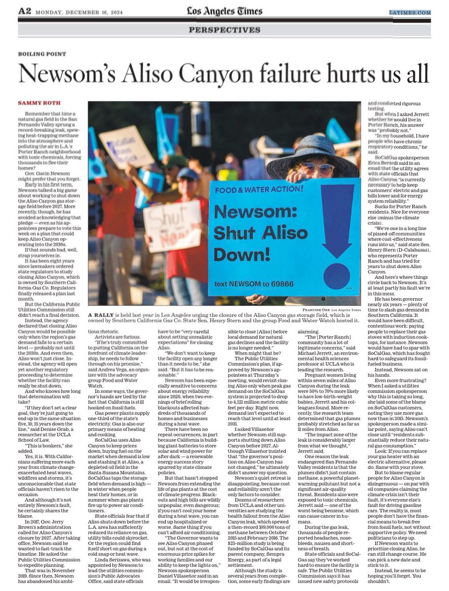 Sammy Roth (@sammy_roth) on Twitter photo In today’s <a href="/latimes/">Los Angeles Times</a>: My column on Gavin Newsom’s continued failure to close the Aliso Canyon gas storage field, 9 years after a record-breaking methane leak — or even acknowledge his long-ago promise to try to shut it down before 2027: latimes.com/environment/ne… In today’s <a href="/latimes/">Los Angeles Times</a>: My column on Gavin Newsom’s continued failure to close the Aliso Canyon gas storage field, 9 years after a record-breaking methane leak — or even acknowledge his long-ago promise to try to shut it down before 2027: latimes.com/environment/ne…