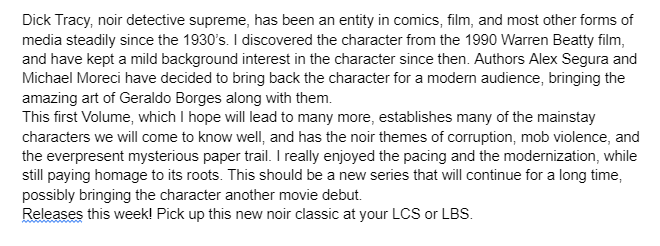 Calling All Comic Buyers! ALERT ALERT! Dick Tracy Vol 1 has been spotted at your LCS releasing this week. Get over there and check it out! Amazing debut/relaunch!
<a href="/MadCaveStudios/">Mad Cave Studios</a> #AlexSegura <a href="/MichaelMoreci/">Michael Moreci</a> <a href="/geraldohsborges/">Geraldo Borges 🇧🇷 🇨🇱 🇦🇷</a>