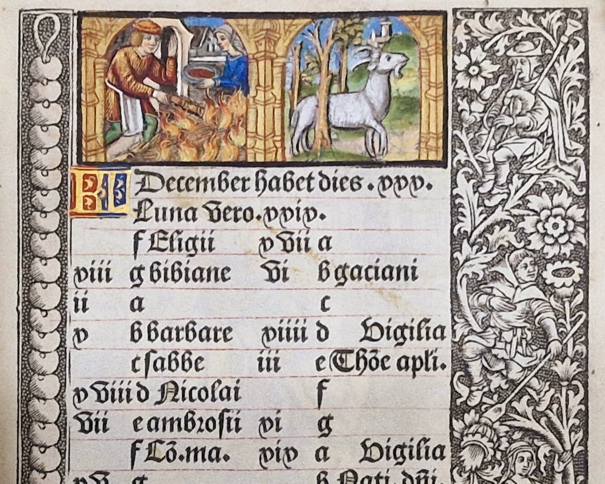 Hand-coloured calendar for December depicting the medieval labour of the month. From a Book of Hours printed by Thielman Kerver in Paris,  1507.