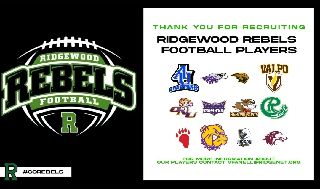 Ridgewood Rebels Football (@rhsfootball234) on Twitter photo Ridgewood Rebels Football
Proud of our players who are ready for the next level!
THANK YOU to these programs for recruiting our Rebels. Let's keep it going!
For more information about our players, contact: vfanelli@ridgenet.org
#GoRebels #CollegeFootballRecruiting Ridgewood Rebels Football
Proud of our players who are ready for the next level!
THANK YOU to these programs for recruiting our Rebels. Let's keep it going!
For more information about our players, contact: vfanelli@ridgenet.org
#GoRebels #CollegeFootballRecruiting