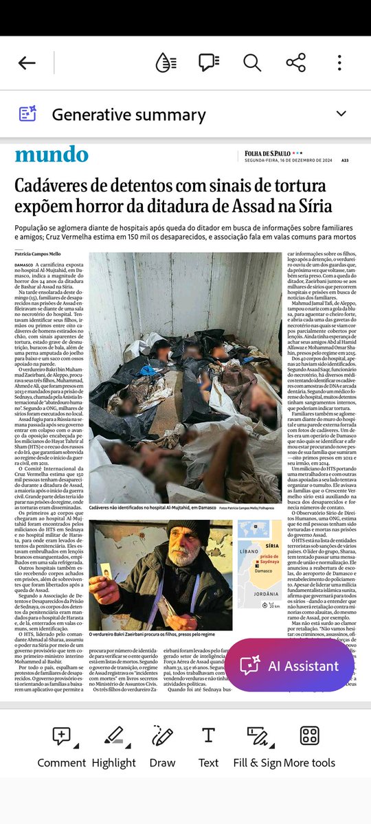 Matéria aqui de Damasco, de um dos hospitais para onde foram levados os cadáveres de presos, a maioria políticos, torturados nas prisões de Bashar Al Assad. No domingo, familiares abriam uma a uma as gavetas do necrotério, e tentavam identificar filhos, primos e pais
