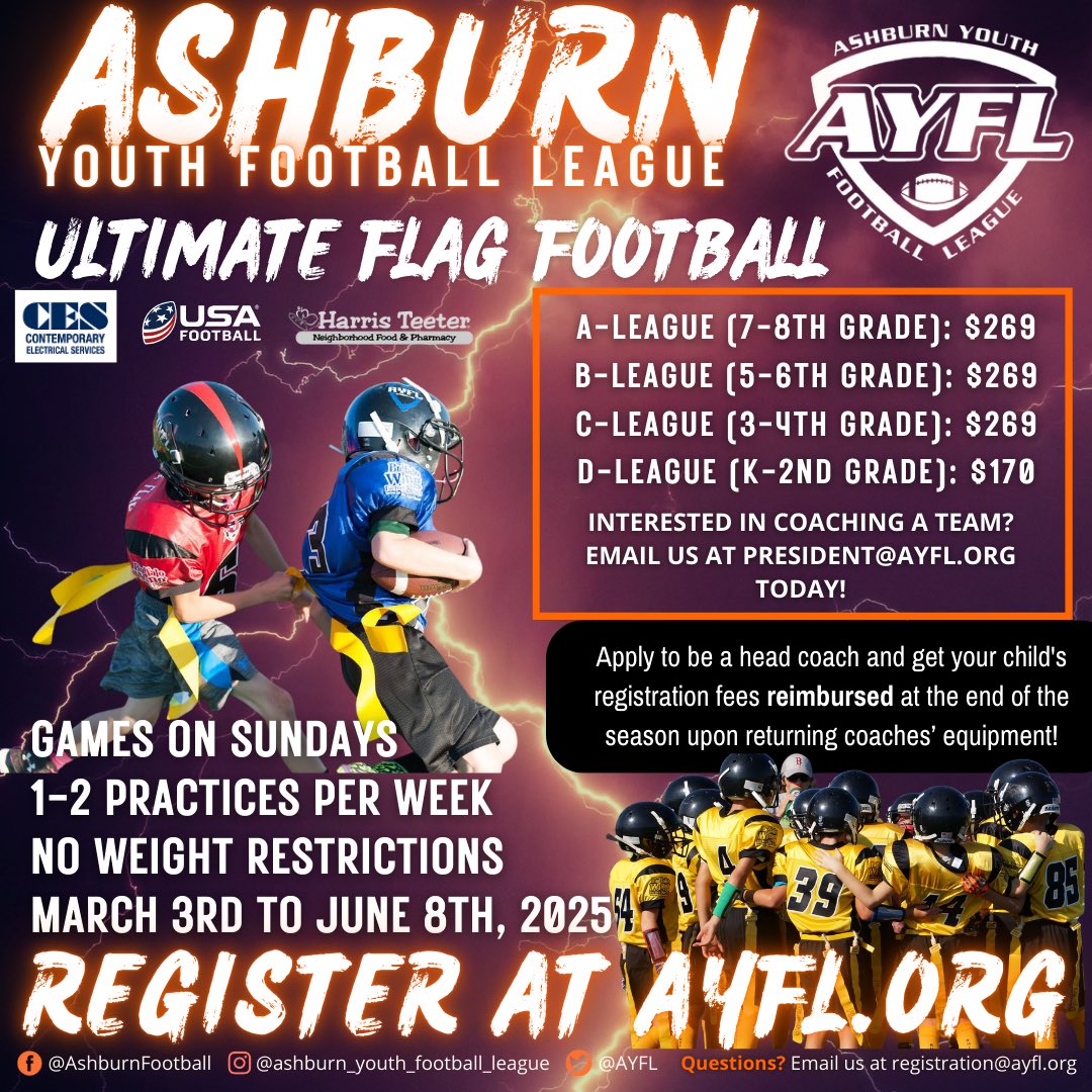 Have you signed up for AYFL Ultimate Flag Football yet?

Spots are filling fast! Be sure to secure yours at AYFL.org today before it’s too late!
 
Learn more at AYFL.org/ultimate-flag

#AYFL #NOVA #Loudoun #Ashburn #YouthFootball #FlagFootball #Football