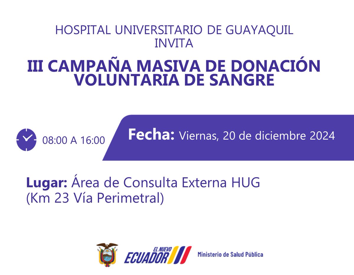 HUniversitarioG's tweet photo. #ElNuevoEcuadorResuelve| El @HUniversitarioG invita a participar de manera activa de la III Campaña Masiva de Donación Voluntaria de Sangre 🩸 que se efectuará
🗓️Viernes 20 de diciembre
⏰08:00 a 16:00
📍Área de consulta externa del HUG https://t.co/0lYqr11ZXi