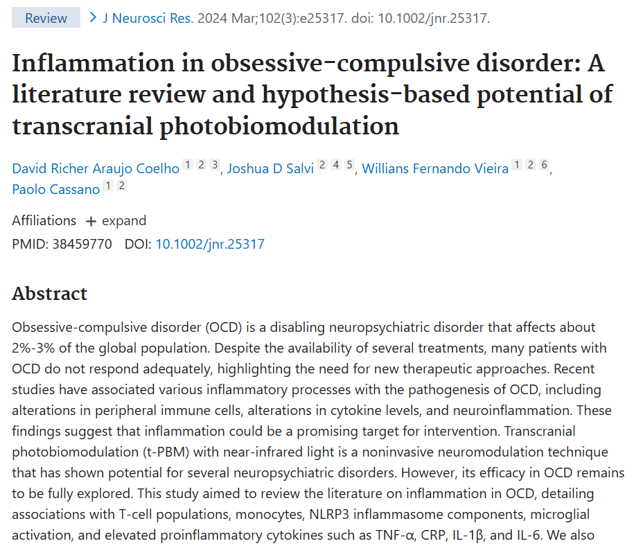 paolo_cassano's tweet photo. tPBM may serve as a novel intervention to reduce neuroinflammation in OCD patients. Dr. Coelho’s hypothesis paper.
https://t.co/qWslnqapka   @MassGeneralNews @MGHPsychiatry 
#photobiomodulation #OCD #neuroinflammation #mentalhealth #brainhealth #neuromodulation #brainhacking https://t.co/PPV108OTKN