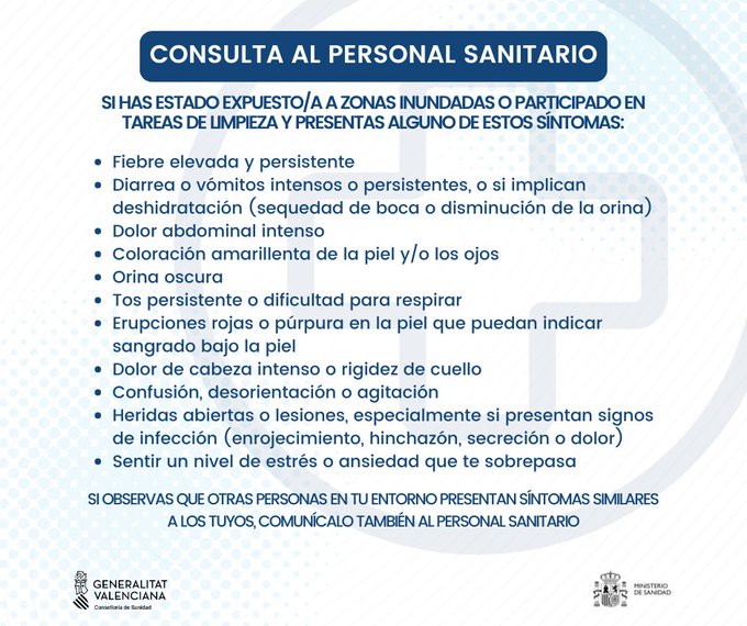 GVA112's tweet photo. Si tienes fiebre alta, diarrea, tos persistente, dolor de cabeza intenso y has estado expuesto a zonas inundadas o participado en tareas de limpieza tras la DANA, acude a tu centro de salud y pregunta al personal sanitario.
🏥@GVAsanitat https://t.co/TXeUa0DzuB
