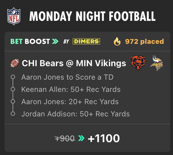 DimersCom's tweet photo. 🏈 PRIMETIME PARLAY 🏈

We're going for two in a row with our MNF primetime parlay, available on the @bet365_us app and homepage!

🔹 Jones TD, 20+ Rec yds
🔹 Addison 50+ Rec yds
🔹 Allen 50+ Rec yds

A $10 bet turns into $120 🤑 https://t.co/QYO2XtJE6X