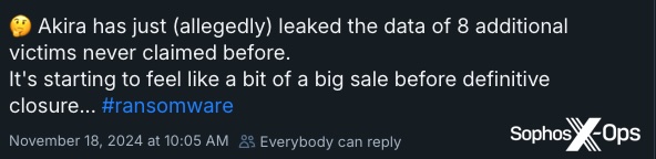 While the #Akira #ransomware leak site experienced availability issues in October, reports of their demise have been greatly exaggerated.