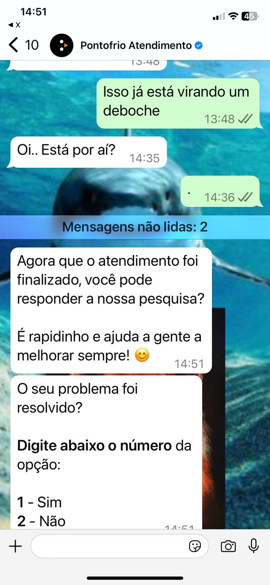 É um deboche mesmo hein <a href="/pontofrio/">Pontofrio 🐧</a> ! 3 horas aguardando o atendimento , interagindo de 5 em 5 minutos para não derrubar e vocês finalizam um atendimento que não teve atendimento . Aqui noPV  ninguém responde . Vou cancelar minha compra e EXIJO o estorno imediato
