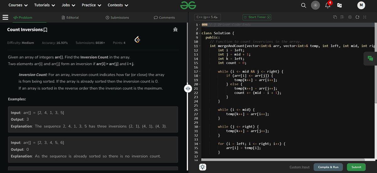 Monikanchan13's tweet photo. ✅ Day 24 of #geekstreak2024 completed!
Solved the "Count Inversions" problem on @geeksforgeeks. 🖥️
Excited to continue this streak and improve my coding skills! 🎯
Let's keep going! 🚀 #GFG160 https://t.co/WsHDfaZNXl
