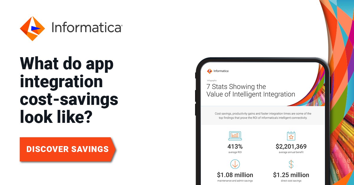 Informatica's tweet image. Considering new integration options, but want to keep costs down? How does $1.25 million in cost-savings sound? 

Explore six stats proving the value of Informatica&apos;s intelligent integration: infa.media/4gdSKeS #AppIntegration #CostSavings